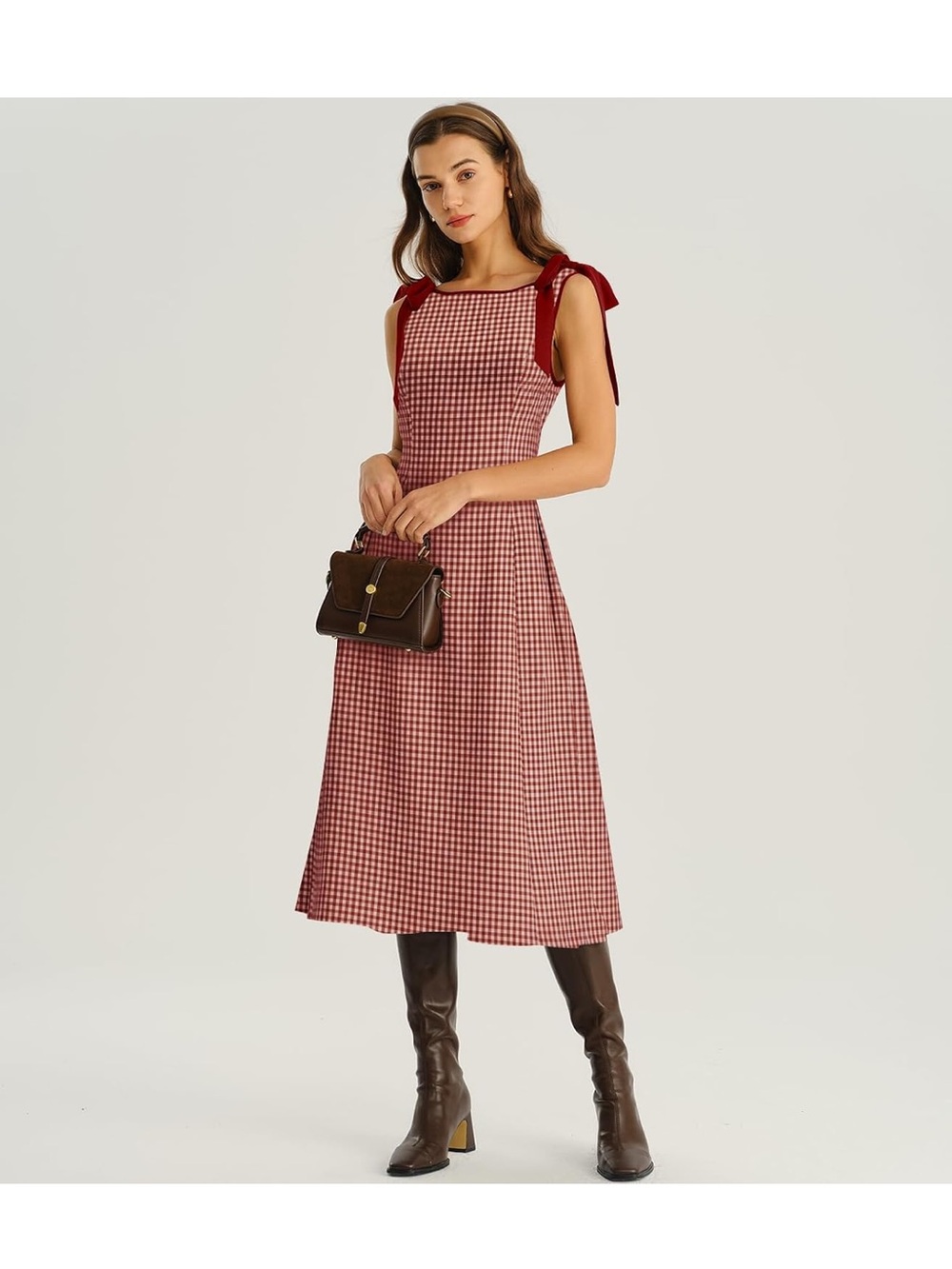 RIHOAS Red Gingham Cotton Midi Dress